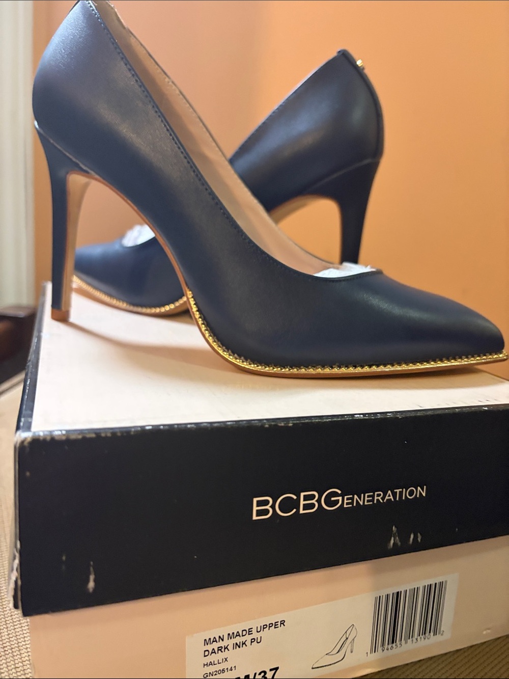 BCBGeneration Dark Ink PU Pointed Toe Stiletto Pumps with Gold Trim